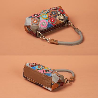 Back zip pocket and patchwork side view of cowhide bag