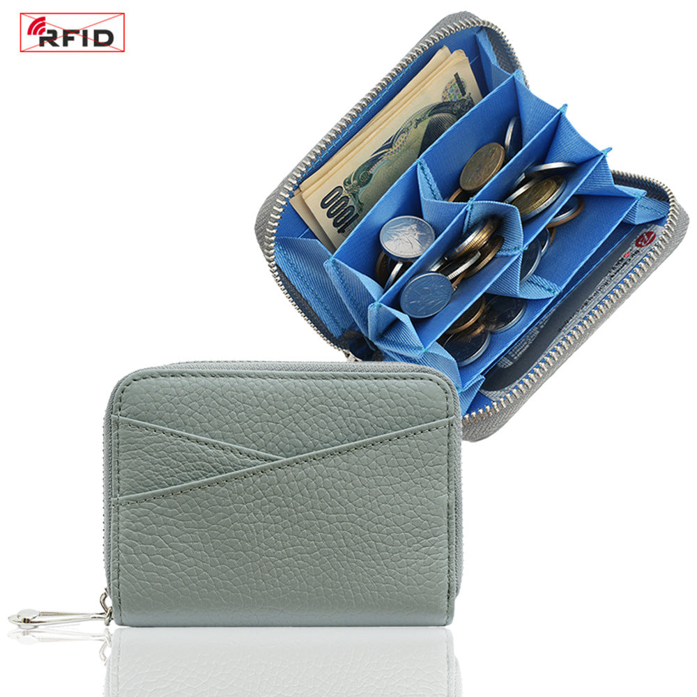 Genuine Leather Coin Purse with RFID Blocking Card Slots in Linen Blue/Light Blue