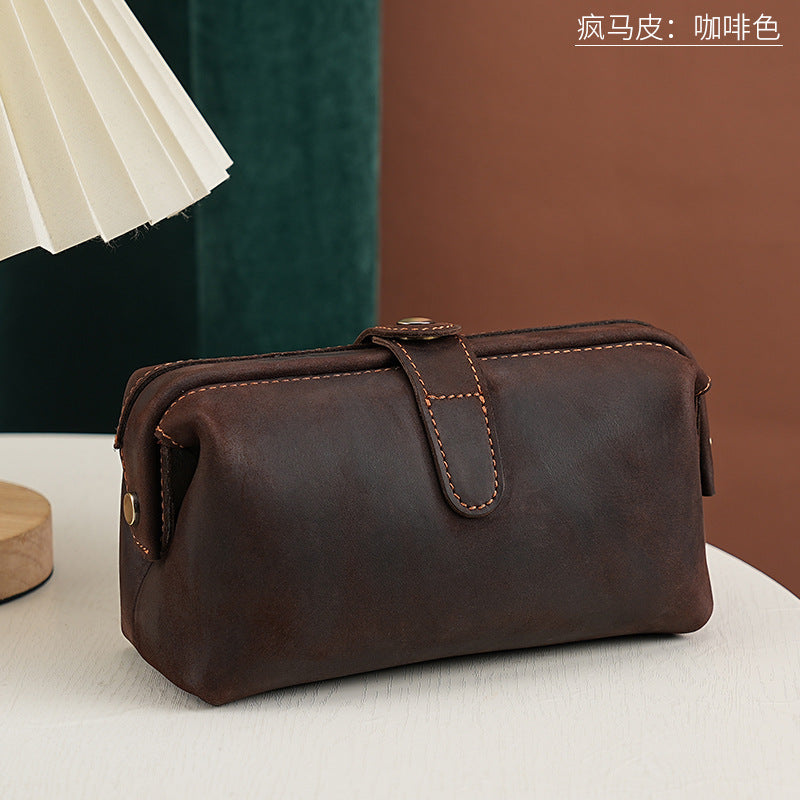 Top-Grain Cowhide Cosmetic Pouch – Color Options in Distressed Leather - Coffee