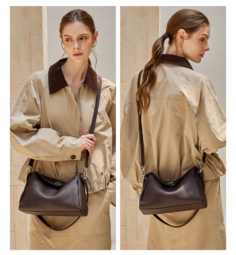 Front and back view of a model in beige carrying a coffee brown pebbled leather crossbody bag