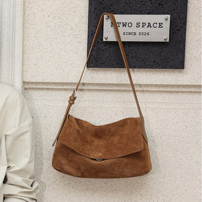 Suede Leather Small Plus Shoulder Bag – Color Options in Caramel