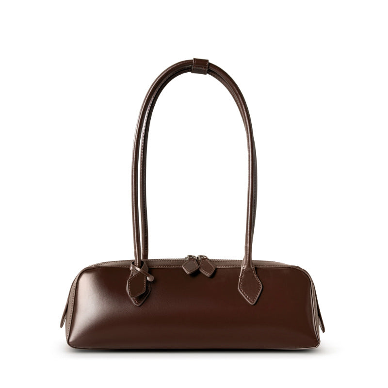 Cowhide Leather Small Plus Shoulder Baguette Bag in Coffee