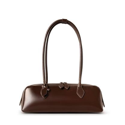 Cowhide Leather Small Plus Shoulder Baguette Bag in Coffee