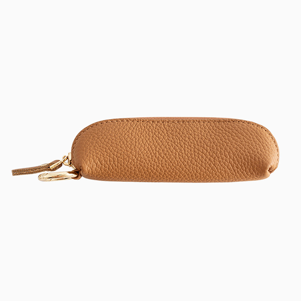 Coffee brown mini leather zip pouch with detachable keyring clip