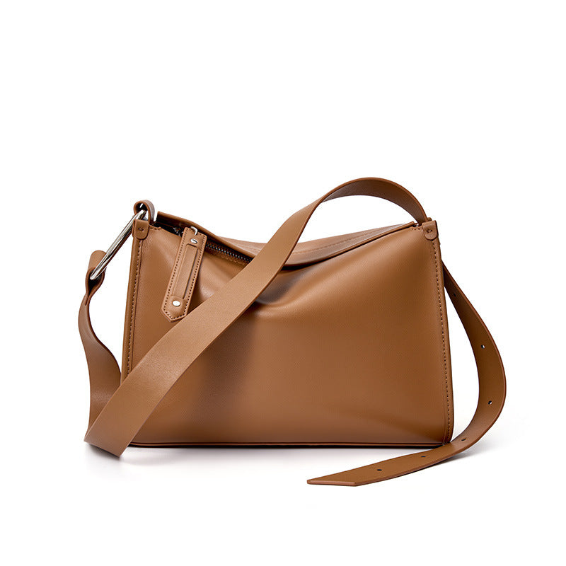 Brown cowhide leather pillow crossbody bag front view