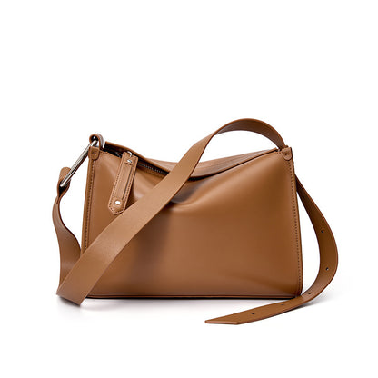 Brown cowhide leather pillow crossbody bag front view