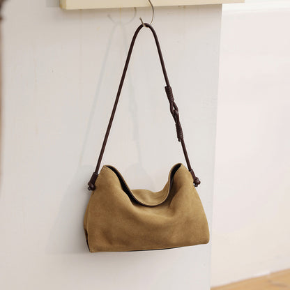 Suede Cowhide Shoulder Crossbody Bag in Beige