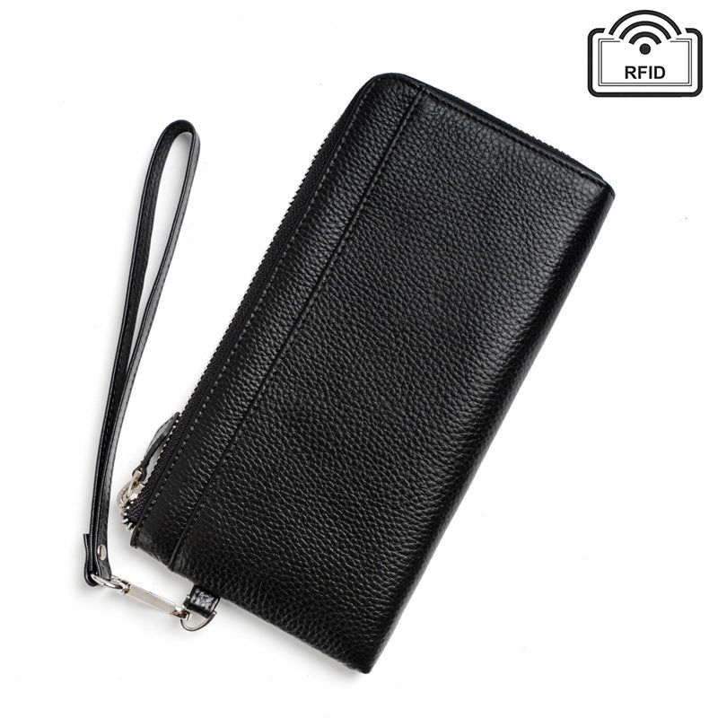 RFID-Blocking Pebbled Cowhide Long Zip Clutch in Black
