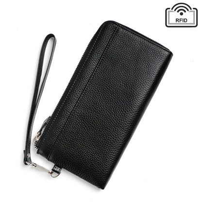 RFID-Blocking Pebbled Cowhide Long Zip Clutch in Black