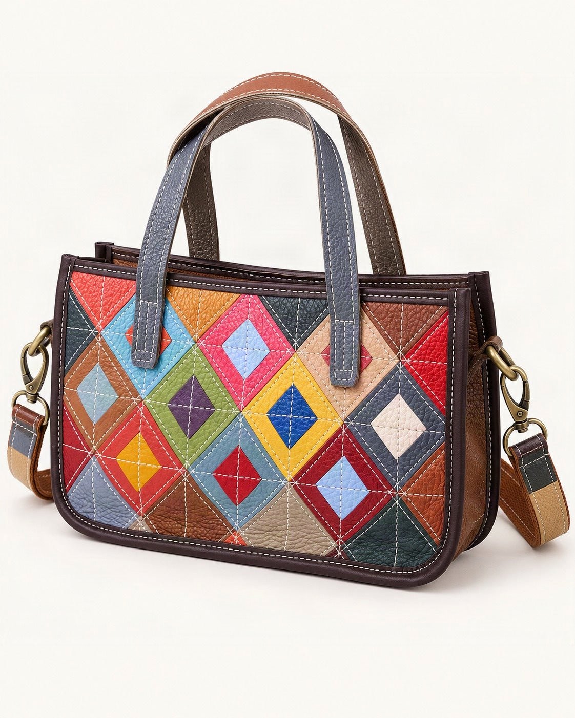 Top-Grain Cowhide Small Shoulder Bag – Multicolor — front three-quarter view on a warm white background