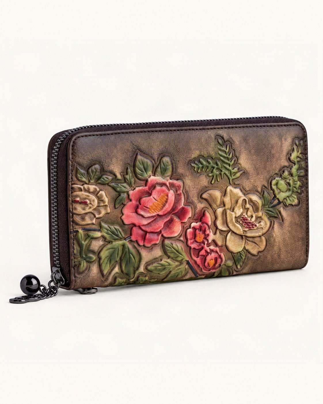 Cowhide Zip-Around Wallet Floral — front three-quarter view on a warm white background