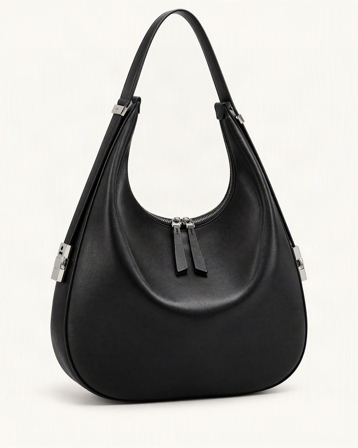 Cowhide Leather Crescent Hobo Shoulder Bag – Color Options — front three-quarter view on a warm white background