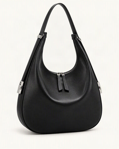Cowhide Leather Crescent Hobo Shoulder Bag – Color Options — front three-quarter view on a warm white background