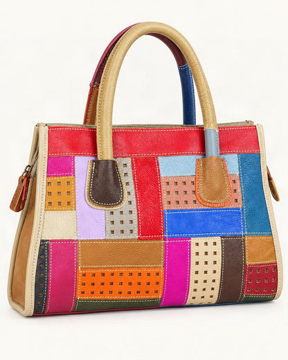 Top-Grain Cowhide Small Plus Patchwork Shoulder Bag — front three-quarter view on a warm white background