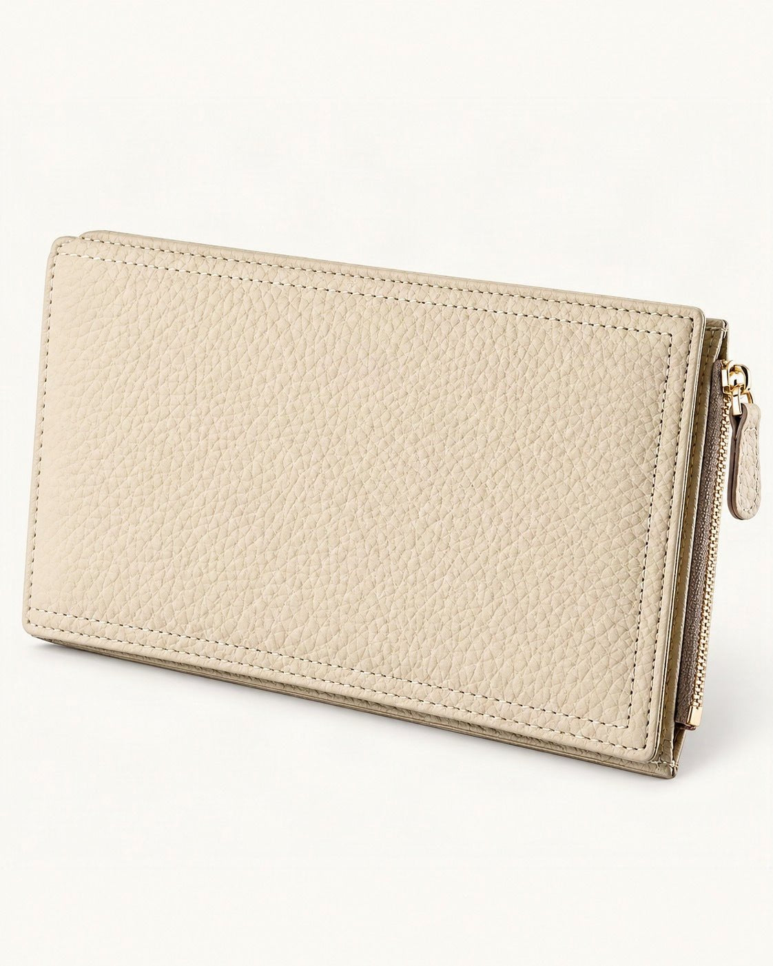 Top-Grain Cowhide Long Wallet with RFID-Blocking Lining — front three-quarter view on a warm white background
