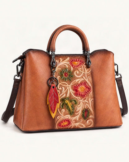 Top-Grain Cowhide Floral Crossbody Bag — front three-quarter view on a warm white background