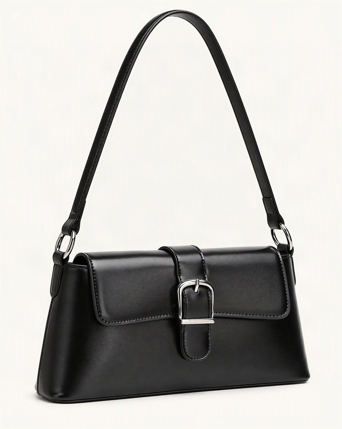 Genuine Leather Baguette Shoulder Bag with Metal Buckle — front three-quarter view on a warm white background