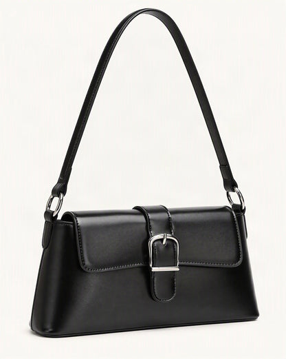 Genuine Leather Baguette Shoulder Bag with Metal Buckle — front three-quarter view on a warm white background