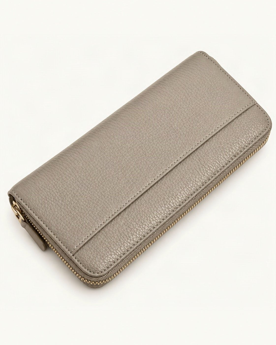 Top-Grain Cowhide Zip-Around Long Wallet with RFID Blocking — front three-quarter view on a warm white background
