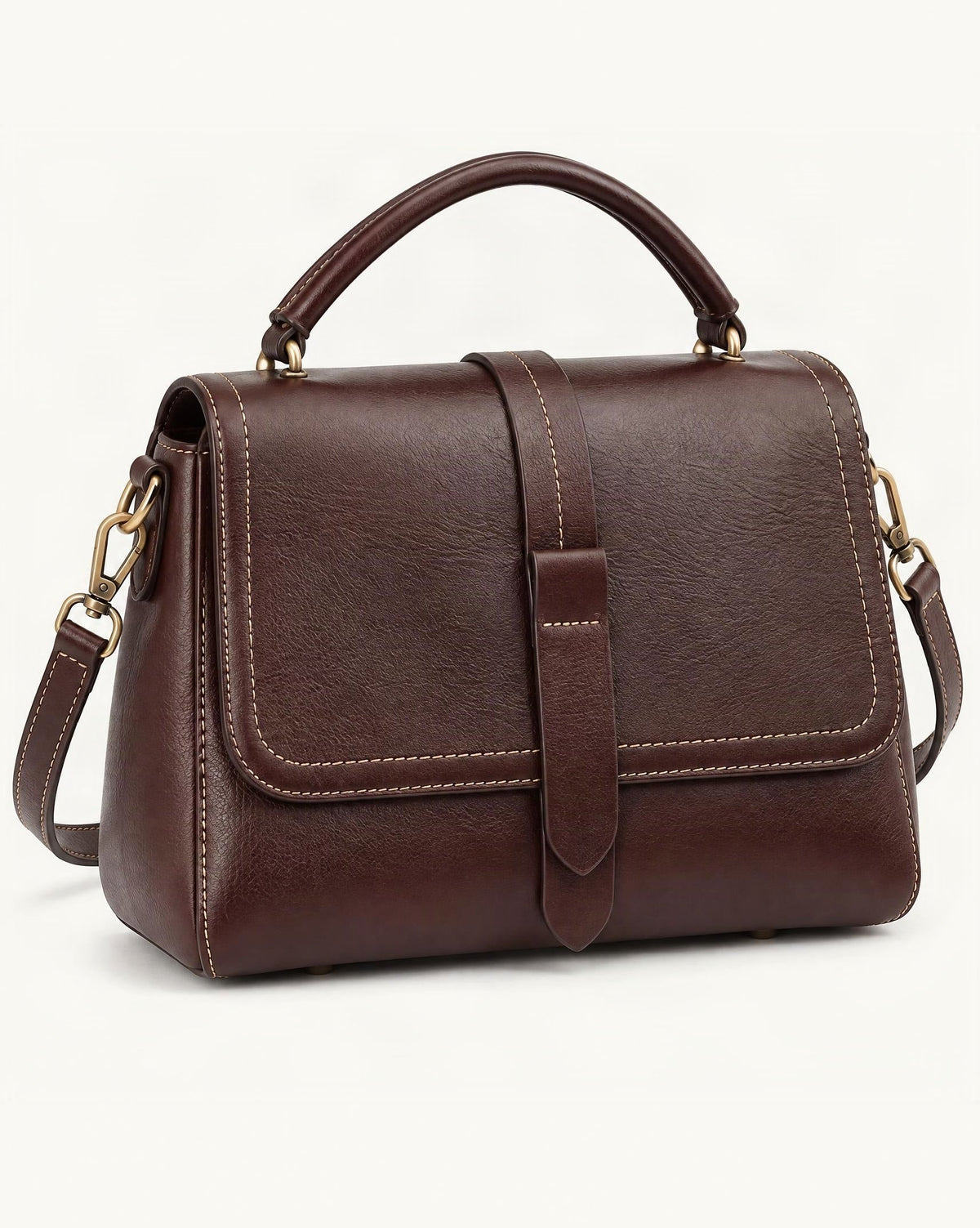 Cowhide Leather Small Boston Crossbody Bag with Top Handle — front three-quarter view on a warm white background