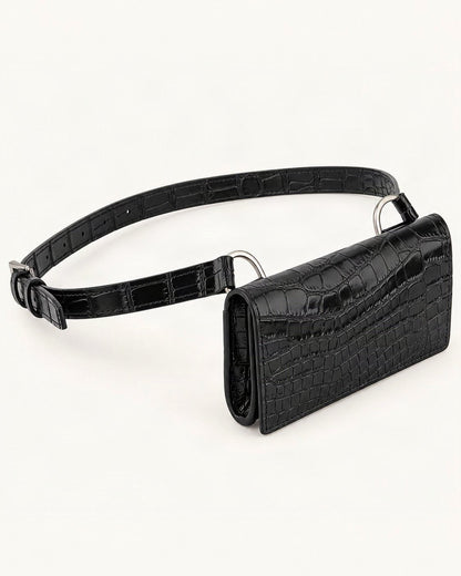 Split Cowhide Croc-Embossed Belt Bag — front three-quarter view on a warm white background