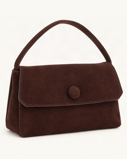 Suede Lambskin Mini Shoulder Bag with Button Flap — front three-quarter view on a warm white background