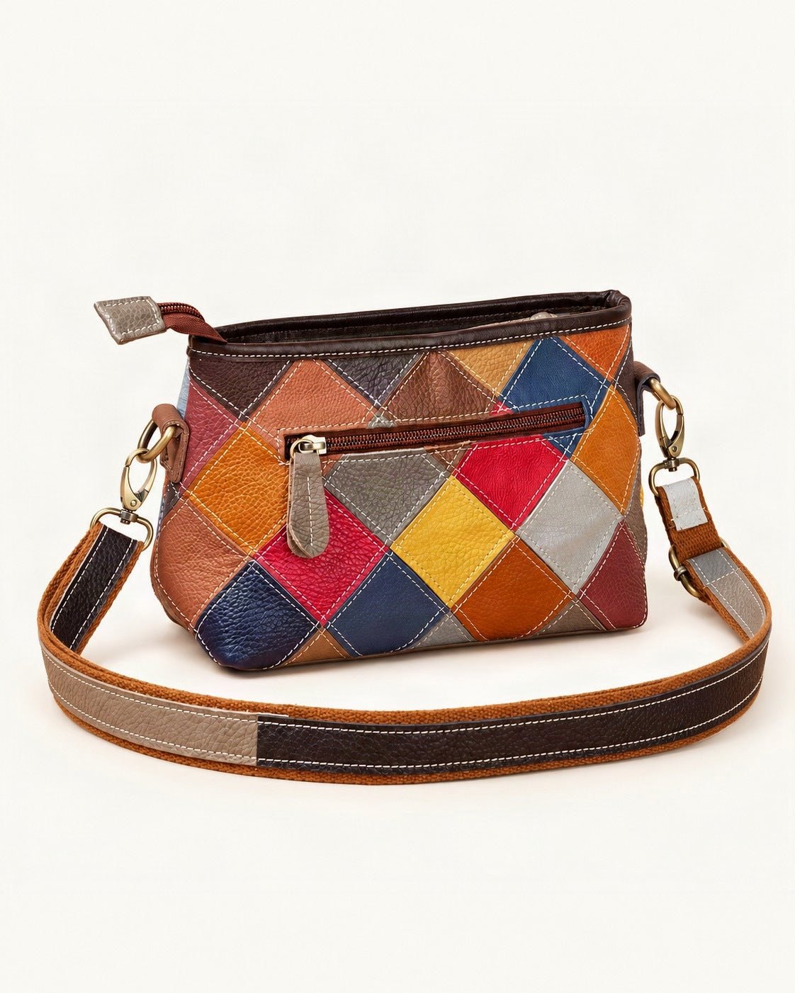 Top-Grain Cowhide Patchwork Shoulder Crossbody Bag — front three-quarter view on a warm white background