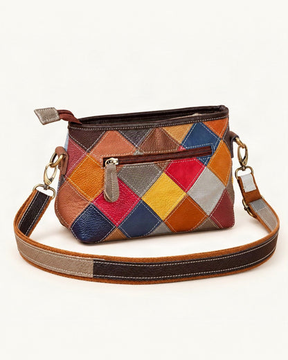 Top-Grain Cowhide Patchwork Shoulder Crossbody Bag — front three-quarter view on a warm white background