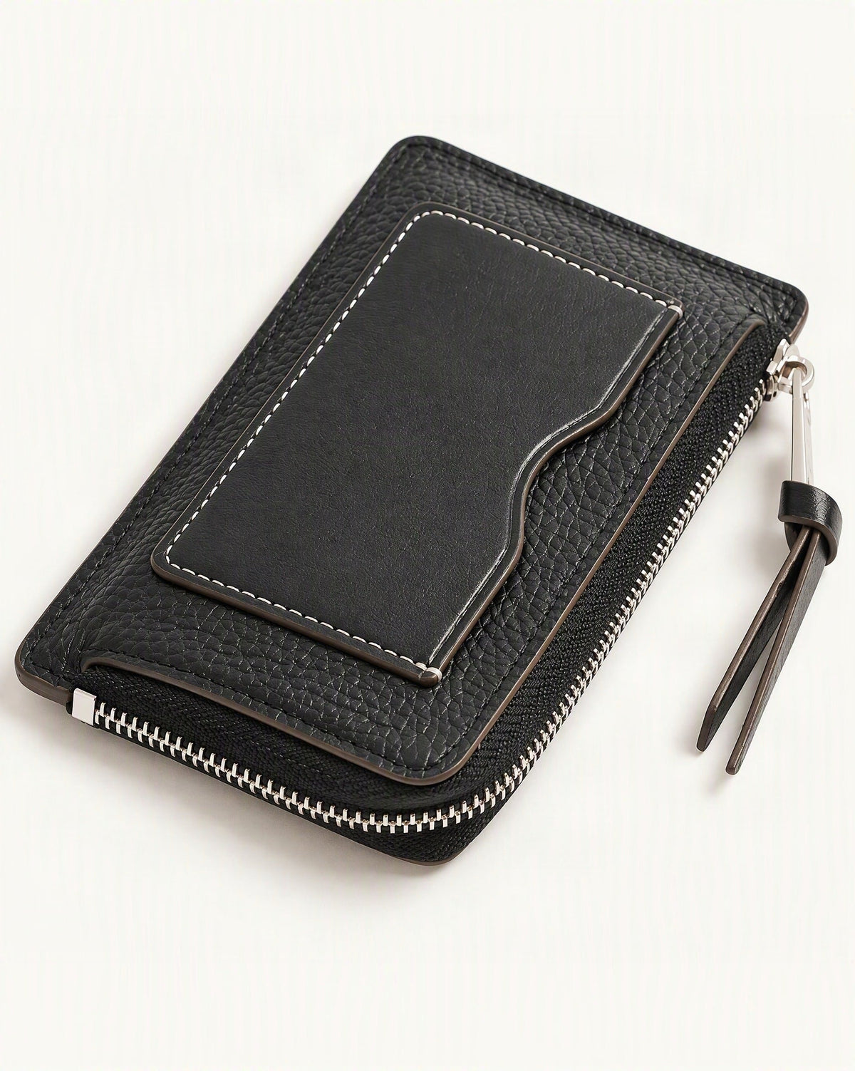 Cowhide Mini Card Holder Wallet w Zip Coin Pocket — front three-quarter view on a warm white background