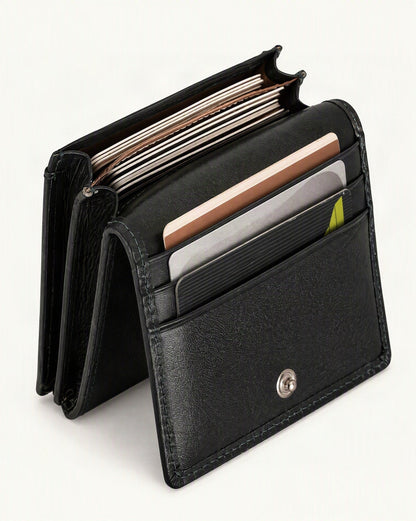 Genuine Leather RFID-Blocking Card Holder Wallet — front three-quarter view on a warm white background