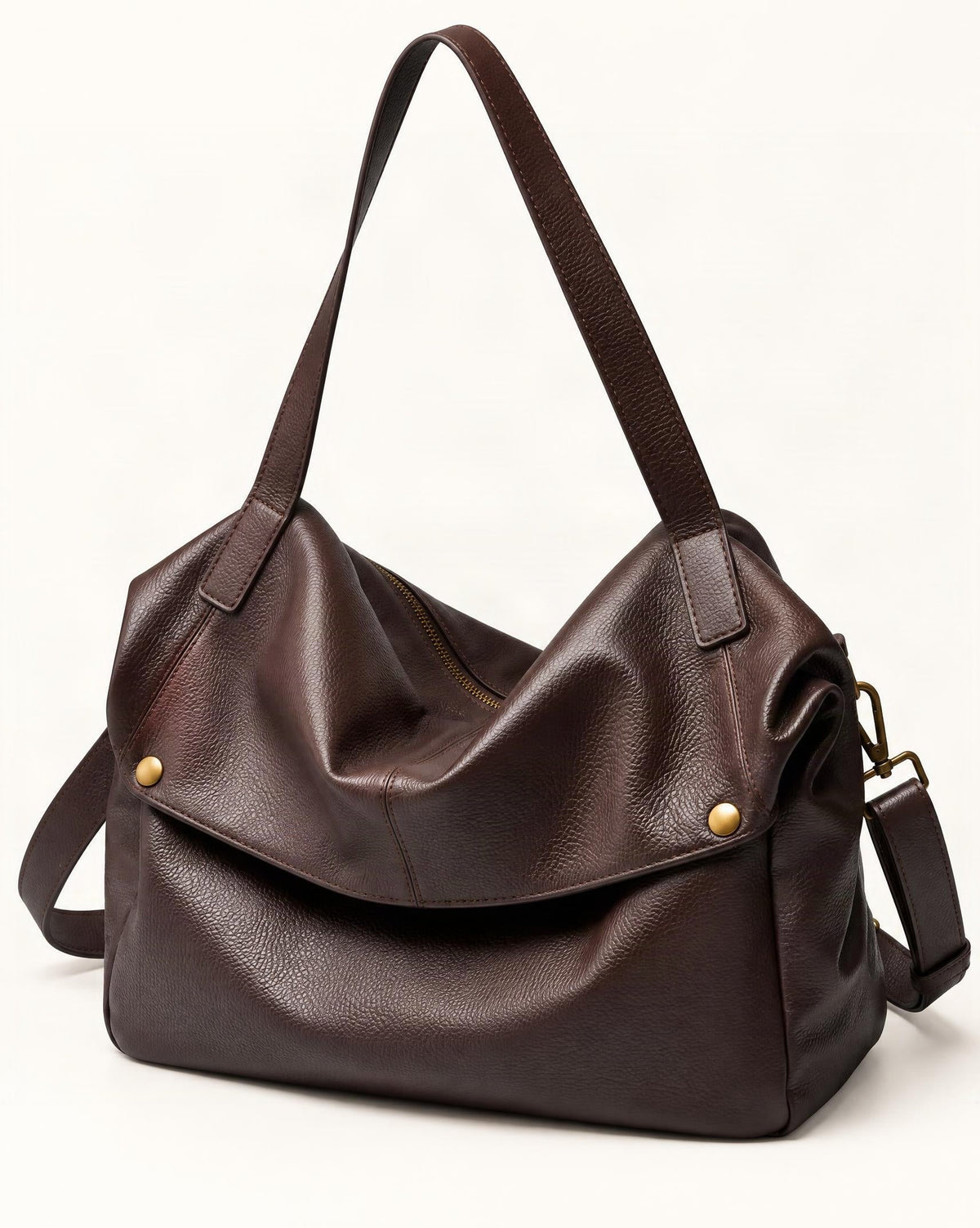 Cowhide Leather Tote Shoulder Bag with Detachable Strap — front three-quarter view on a warm white background