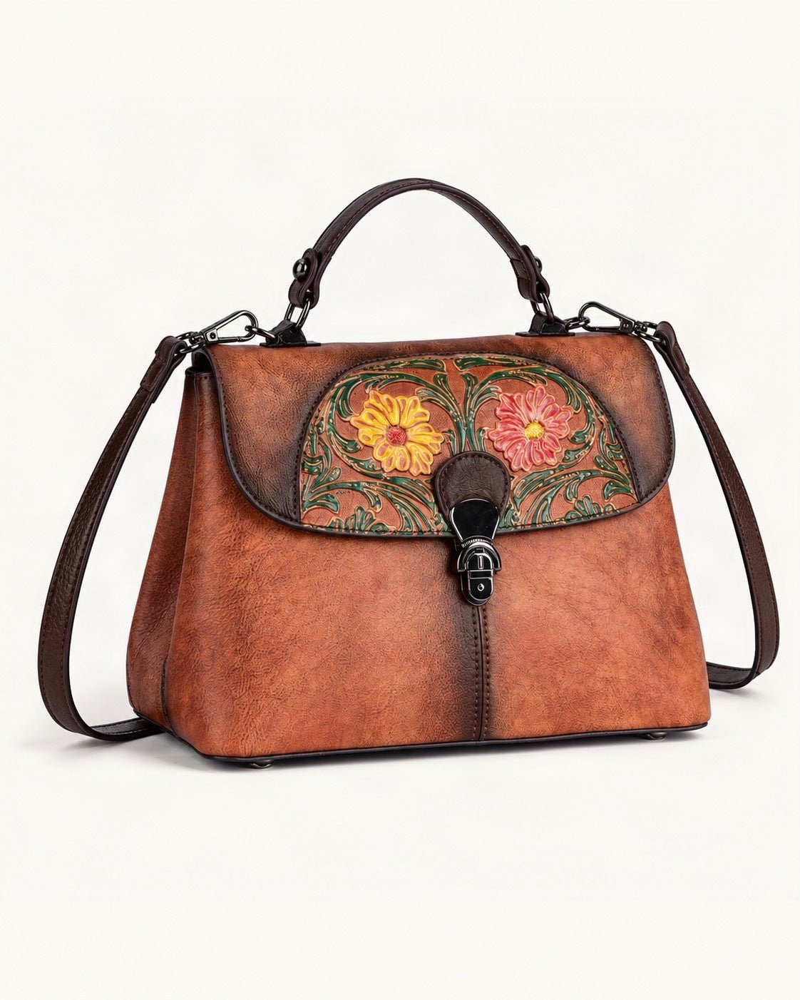 Top-Grain Cowhide Top-Handle Crossbody Bag — front three-quarter view on a warm white background