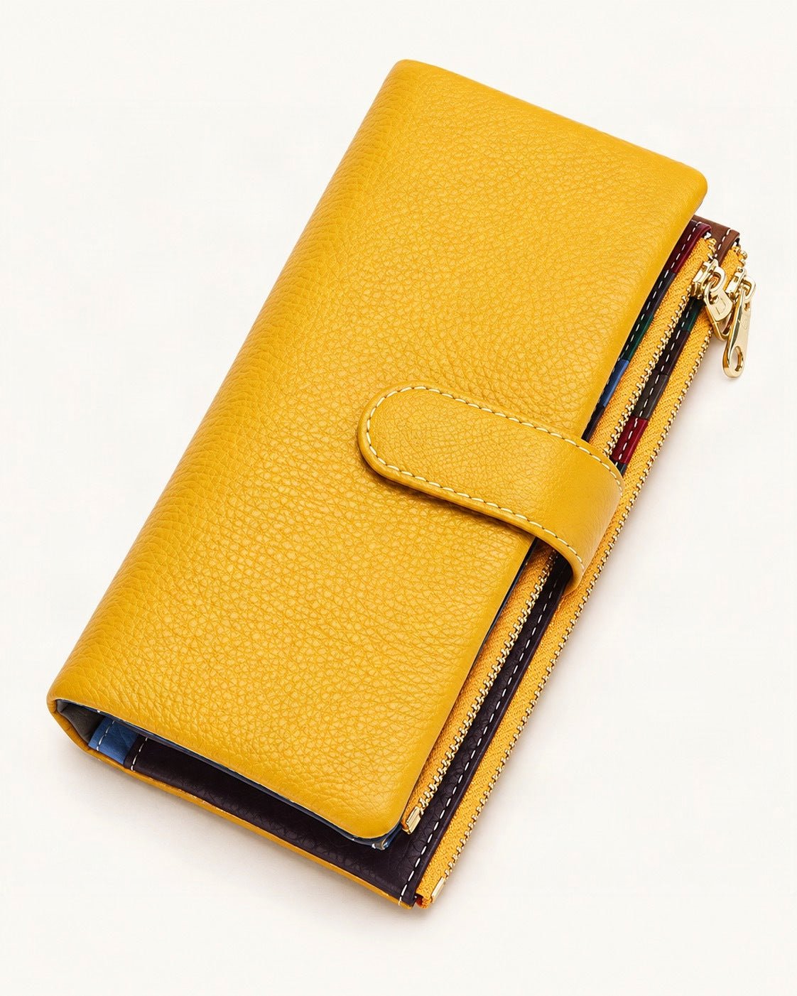Genuine Leather Long Bifold Wallet — front three-quarter view on a warm white background