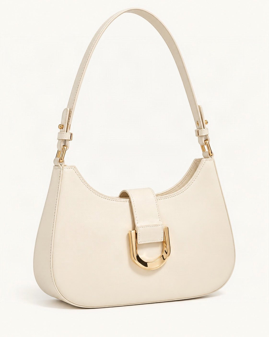 Fitted Small Cowhide Leather Shoulder Bag with Buckle — front three-quarter view on a warm white background