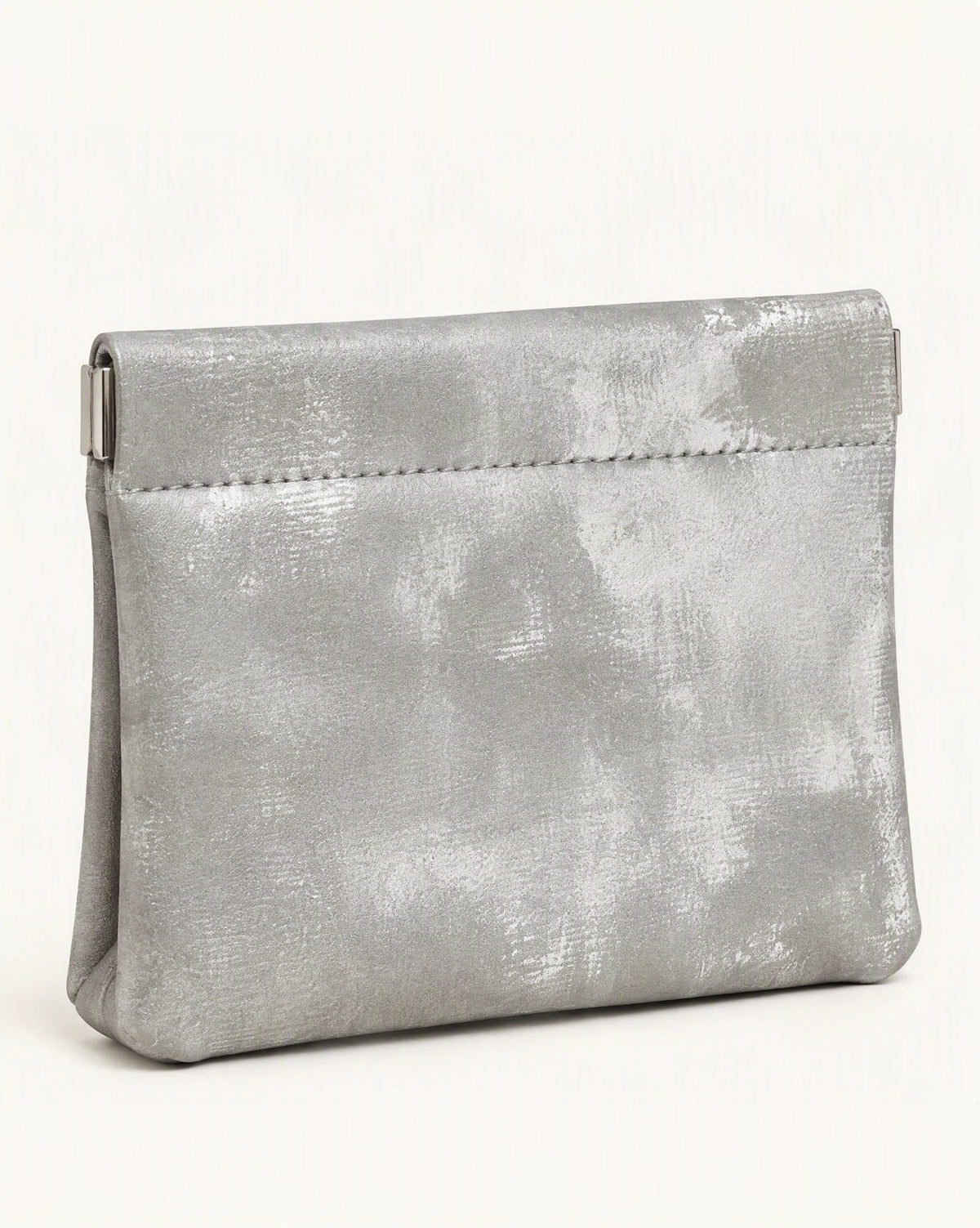 Satin Cowhide Mini Card Pouch with Spring Clasp Closure — front three-quarter view on a warm white background
