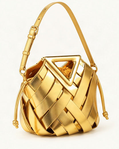 Leather Small Woven Bucket Bag — front three-quarter view on a warm white background