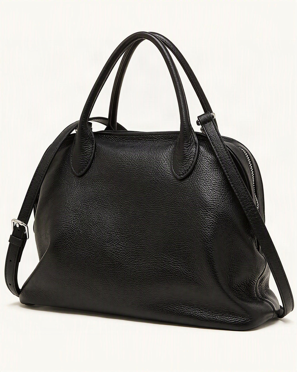 Cowhide Leather Small Bowling Tote Bag, Pebbled — front three-quarter view on a warm white background