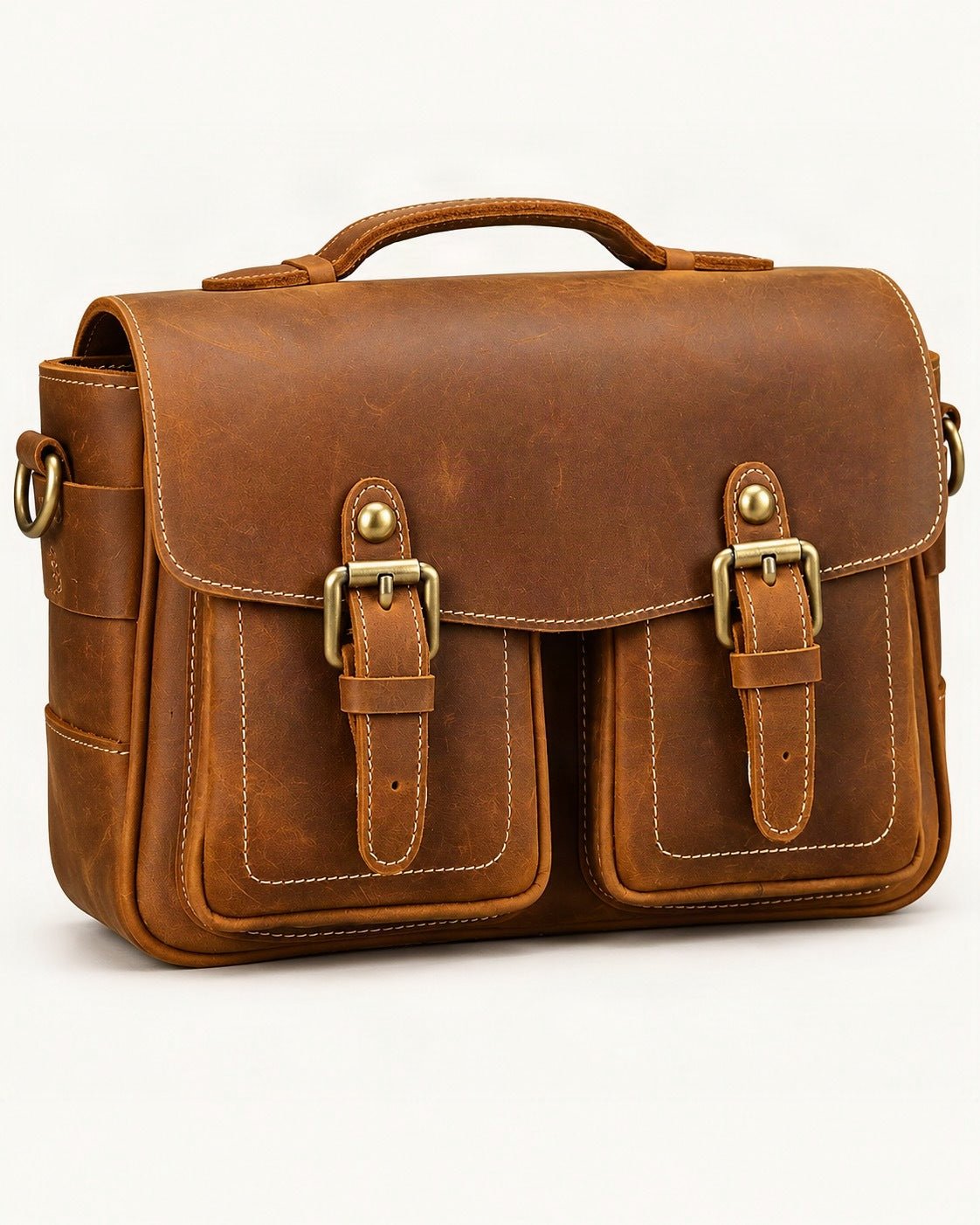Top-Grain Cowhide Camera Crossbody Bag — front three-quarter view on a warm white background