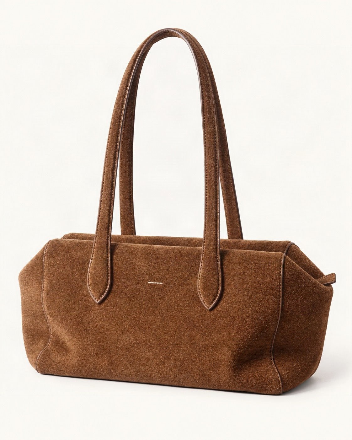 Suede Cowhide Small Plus Shoulder Tote Bag — front three-quarter view on a warm white background
