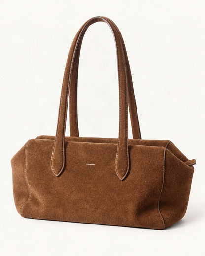 Suede Cowhide Small Plus Shoulder Tote Bag — front three-quarter view on a warm white background