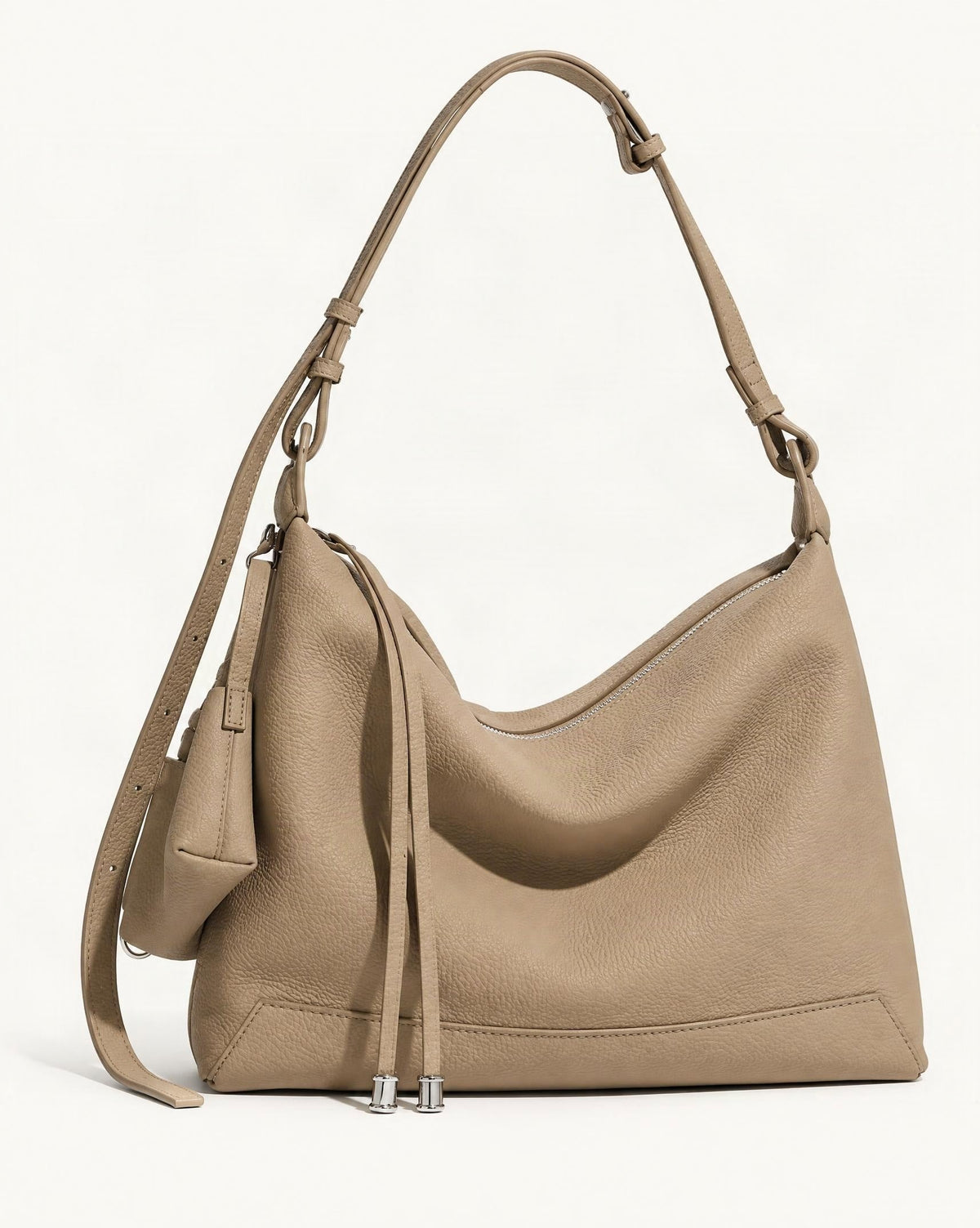 Cowhide Leather Soft Hobo Shoulder Bag — front three-quarter view on a warm white background