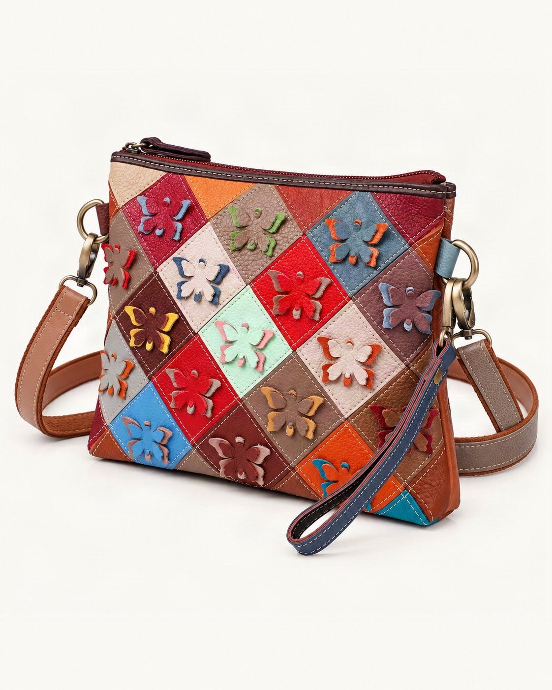 Top-Grain Cowhide Small Shoulder Bag – Multicolor Patchwork — front three-quarter view on a warm white background