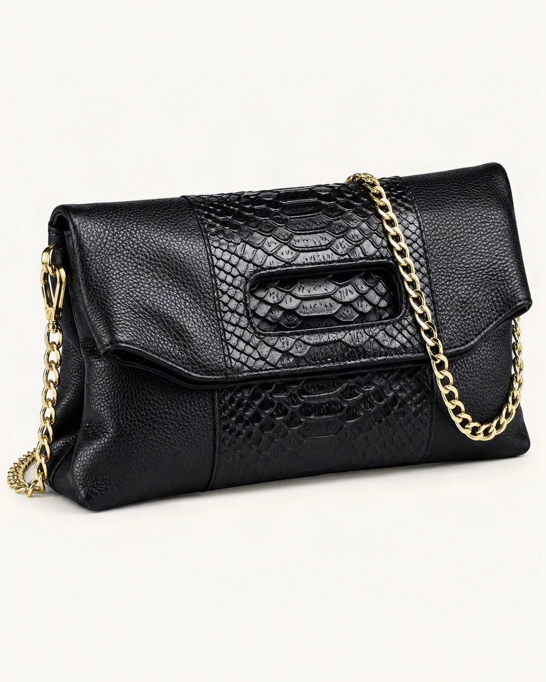 Top-Grain Cowhide Envelope Clutch — front three-quarter view on a warm white background