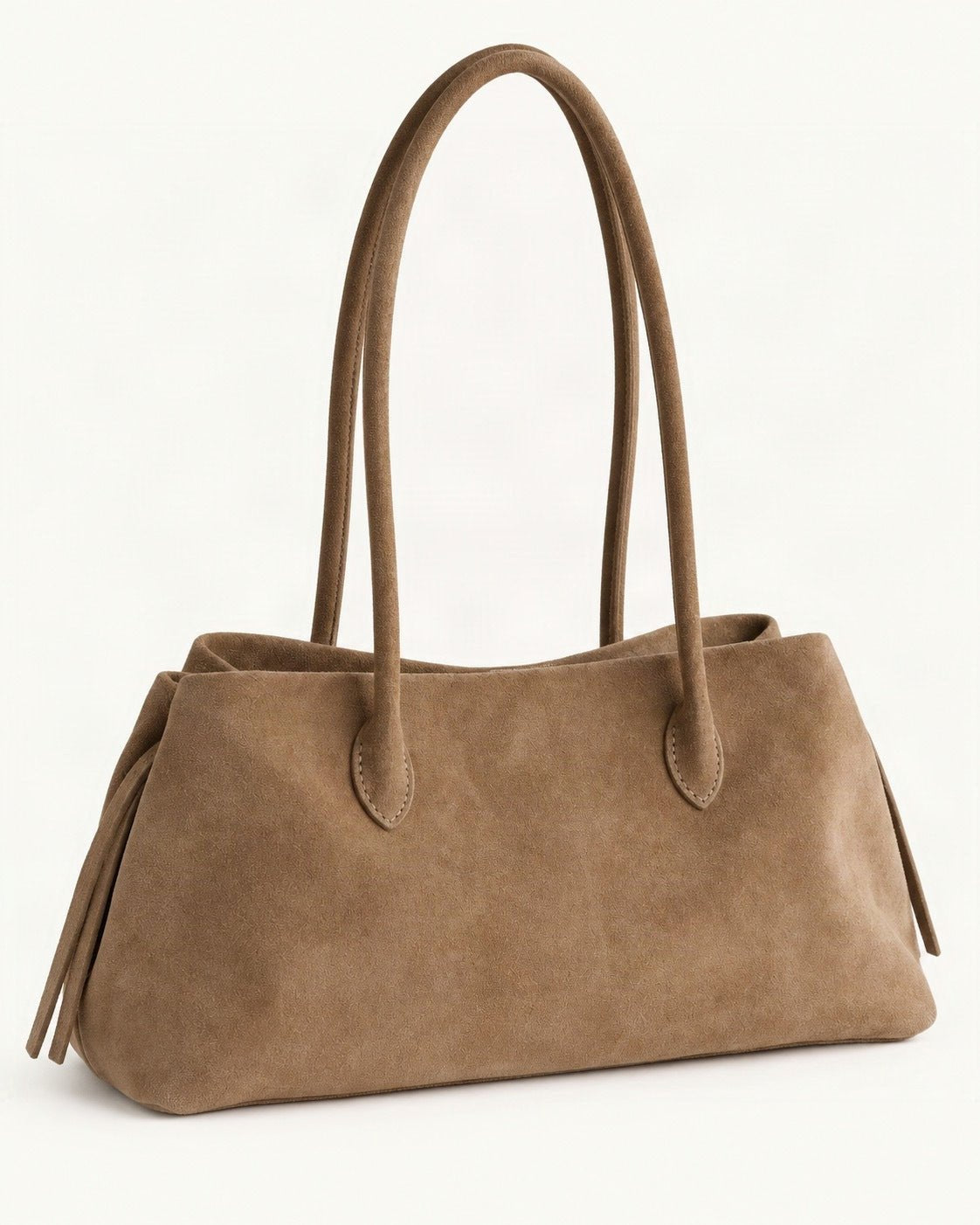 Top-Grain Nubuck Cowhide Shoulder Tote — front three-quarter view on a warm white background