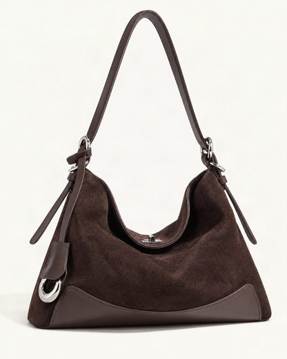 Split Suede Shoulder Tote Bag — front three-quarter view on a warm white background