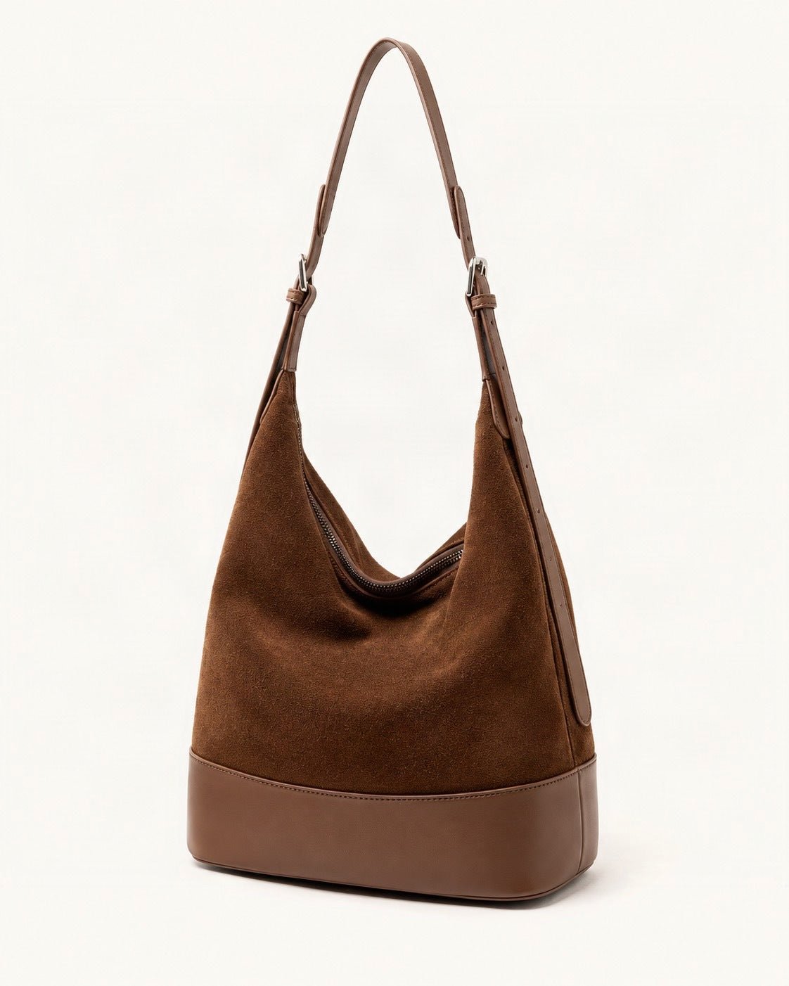 Suede Leather Small Shoulder Bucket Bag — front three-quarter view on a warm white background