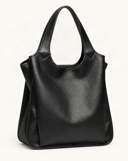 Top-Grain Cowhide Leather Tote Shoulder Bag — front three-quarter view on a warm white background
