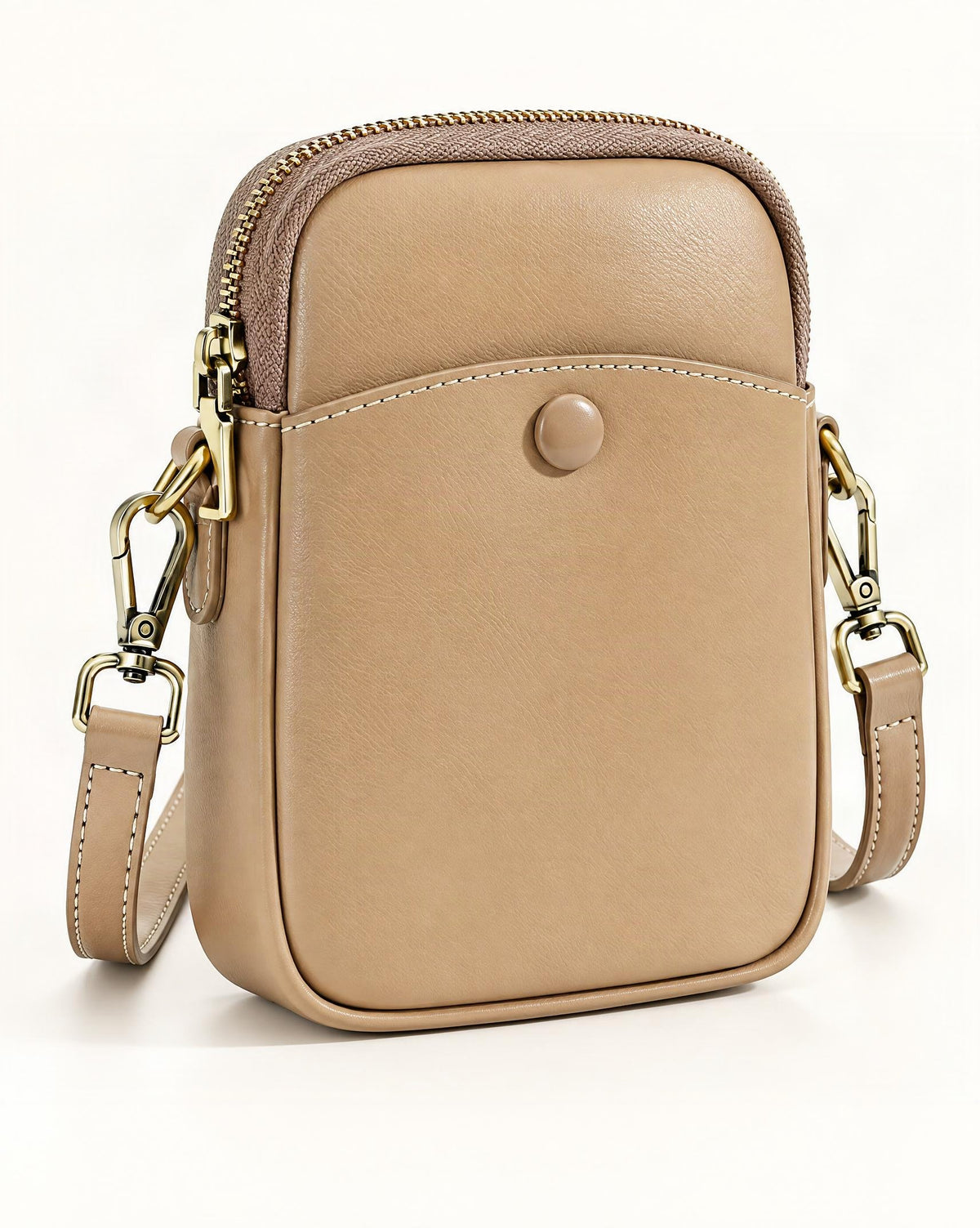 Cowhide Leather Micro Crossbody Bag with Adjustable Strap — front three-quarter view on a warm white background