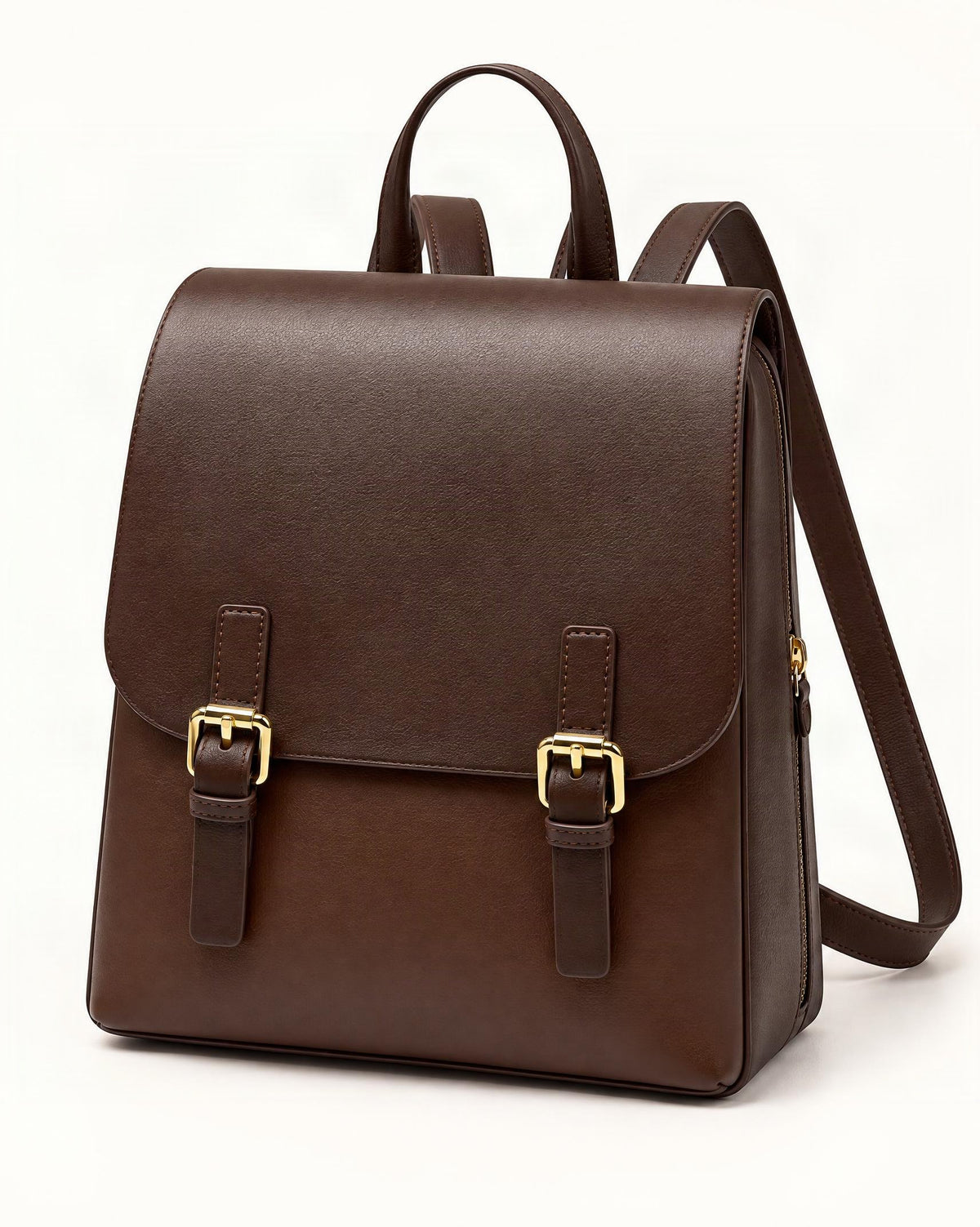 Cowhide Leather Backpack with Magnetic Flap — front three-quarter view on a warm white background