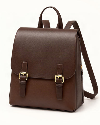 Cowhide Leather Backpack with Magnetic Flap — front three-quarter view on a warm white background